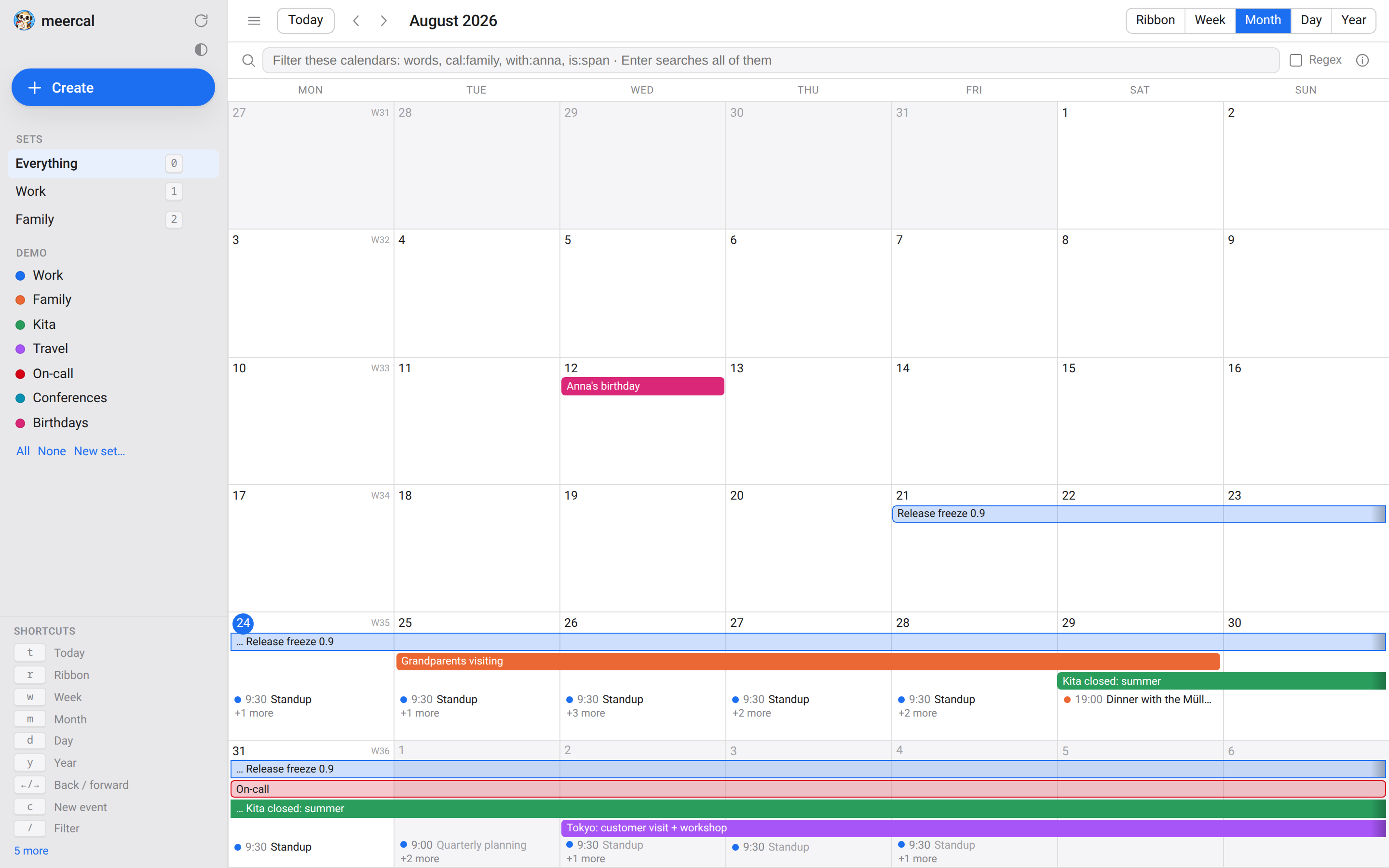 The meercal month view: a six-week grid with continuous coloured bars spanning several days and event chips under them.