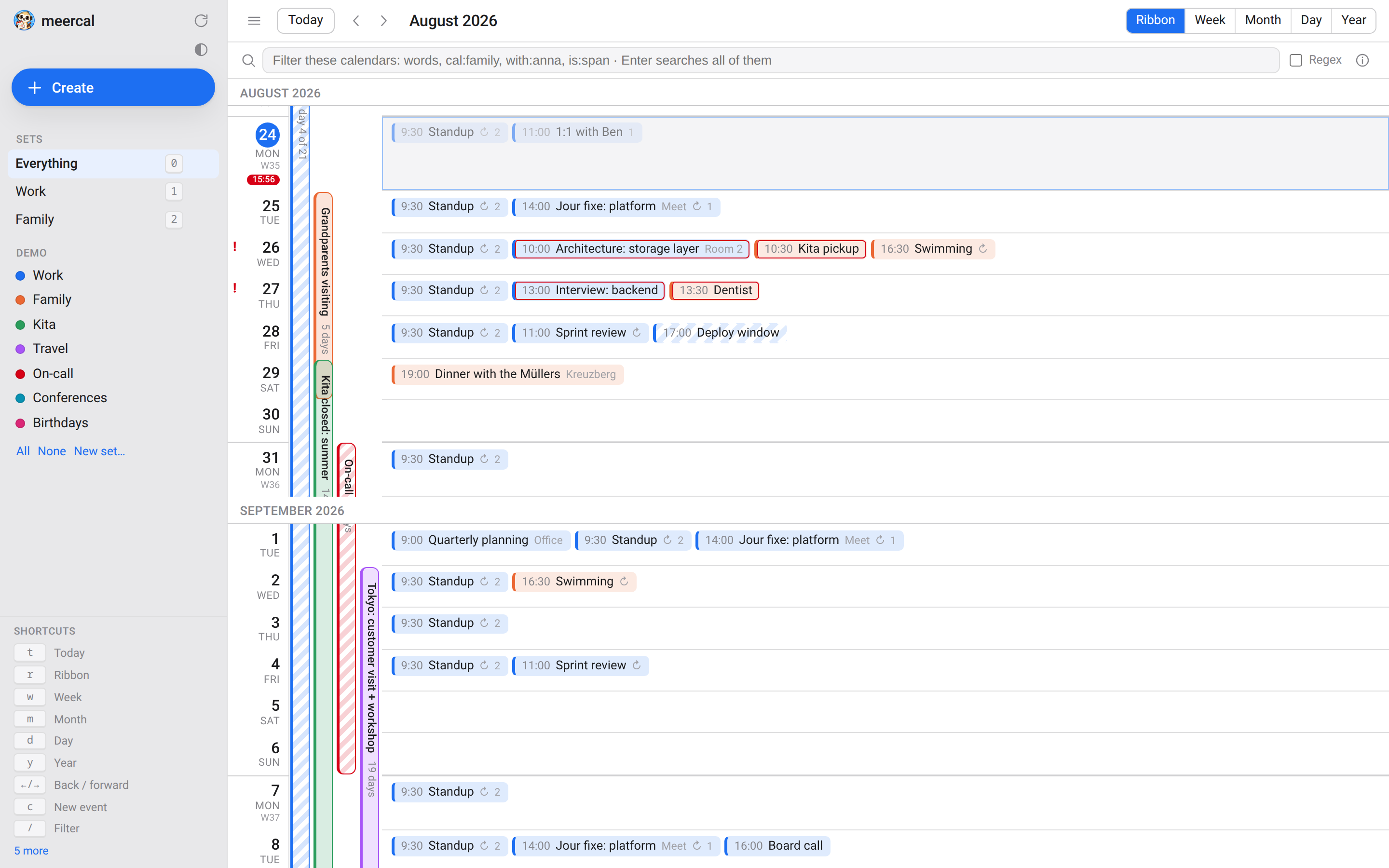 The meercal Ribbon view: a sidebar of seven calendars and three sets, a rail of continuous coloured bars for multi-week events, and a column of day rows with event pills.