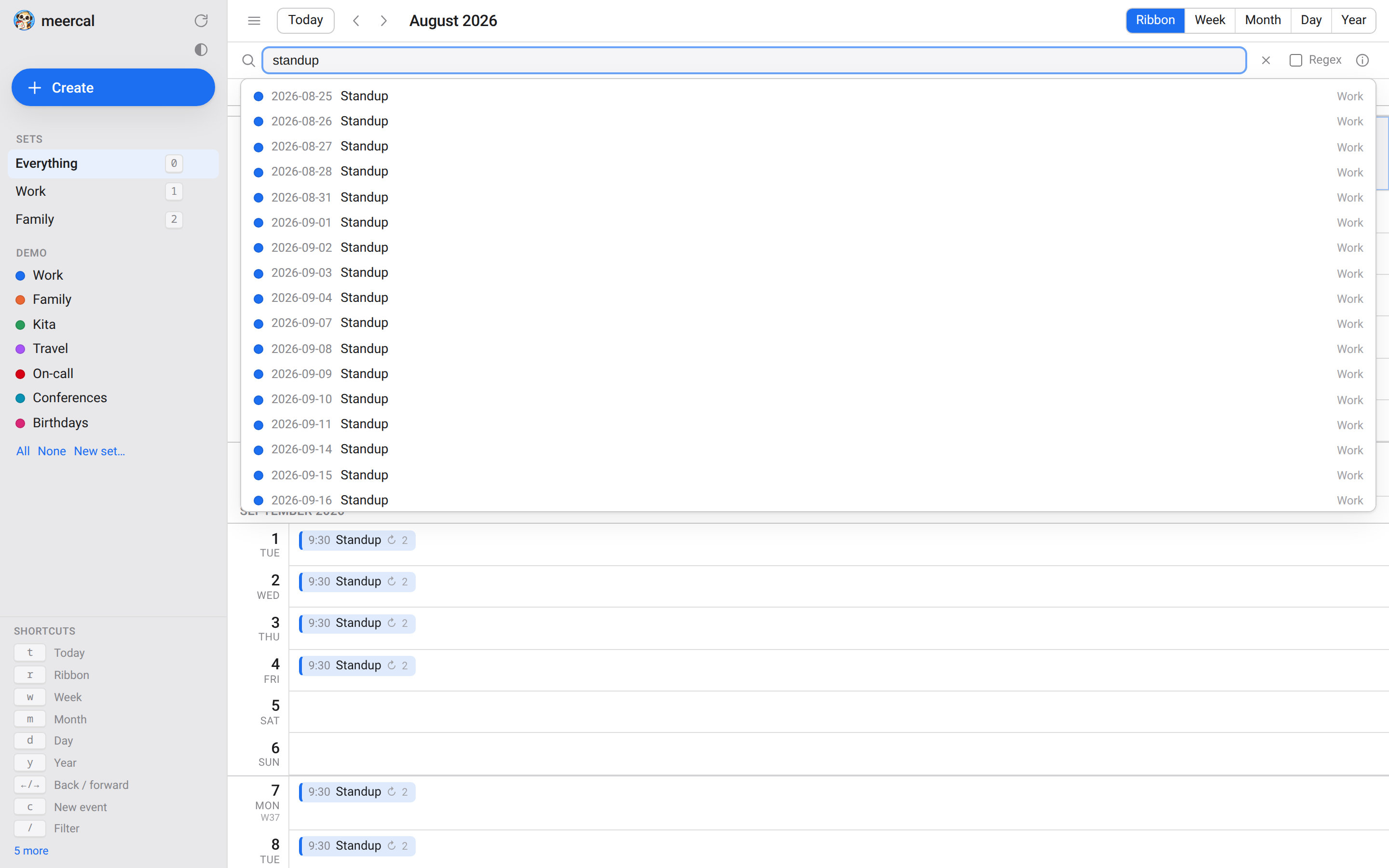 The meercal search panel listing matching events with their date, title and calendar.