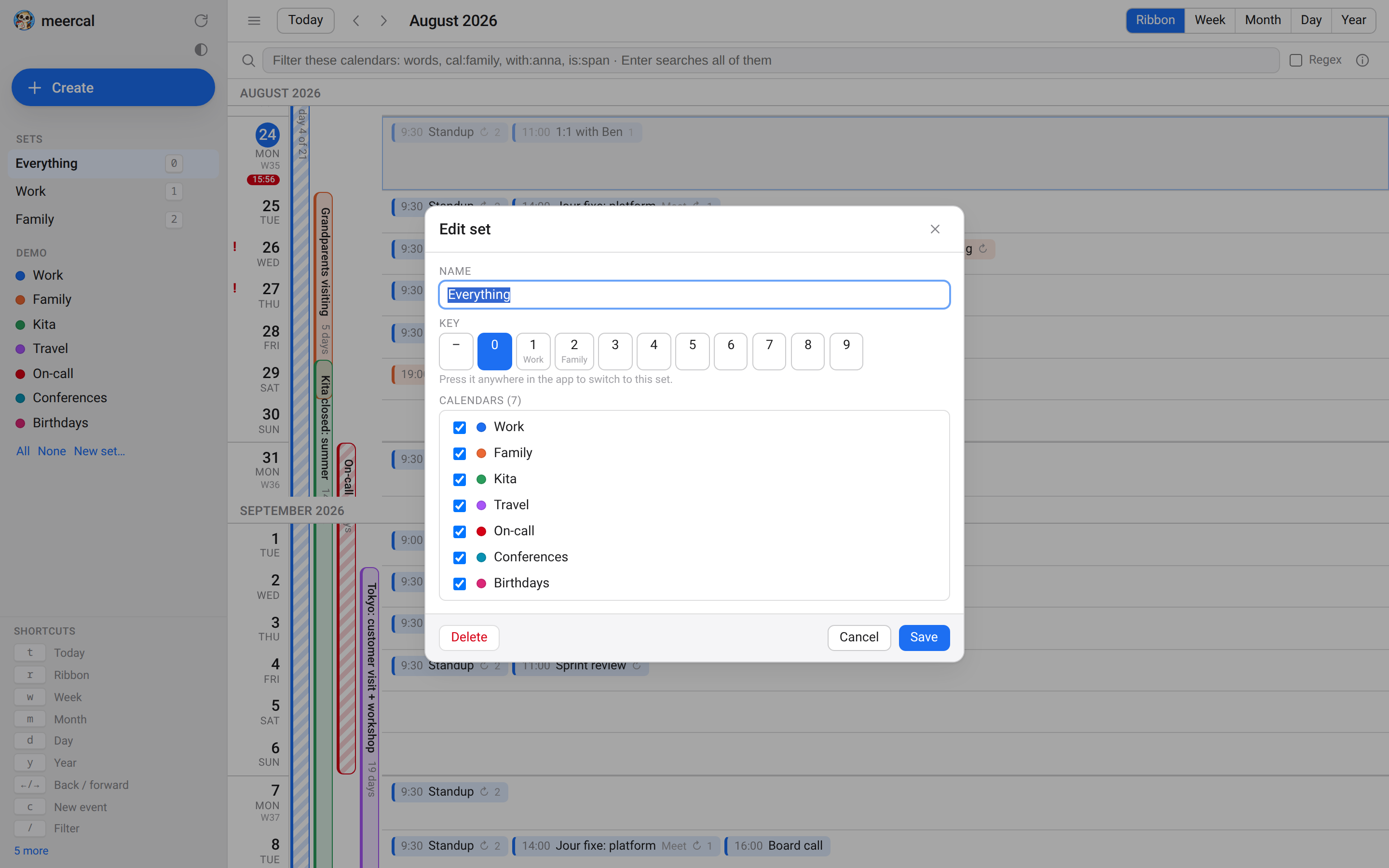 The meercal set editor: a name field, a row of number keys with 0 selected, and a checklist of the seven calendars.