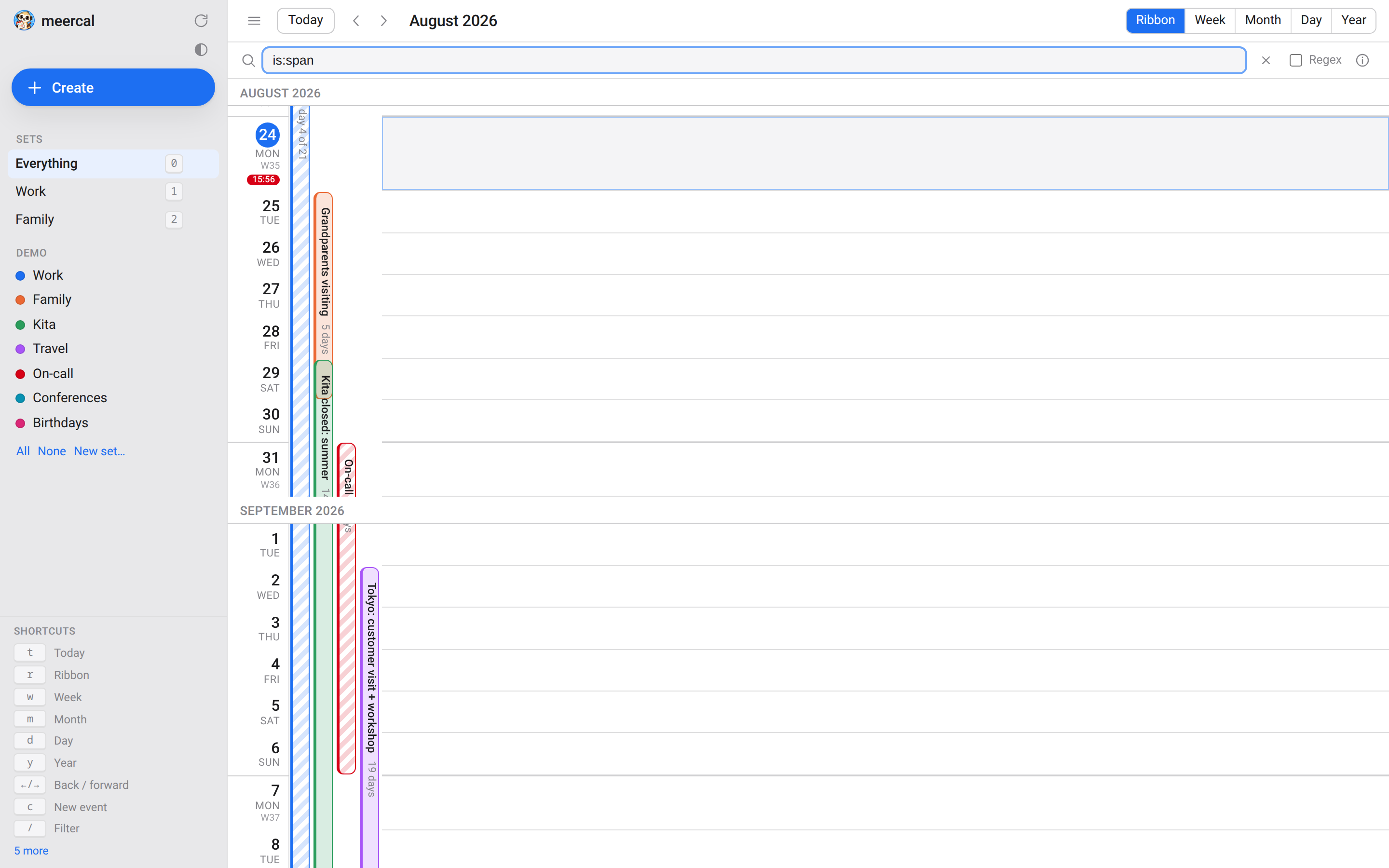 The Ribbon filtered with is:span, showing only the multi-week bars.