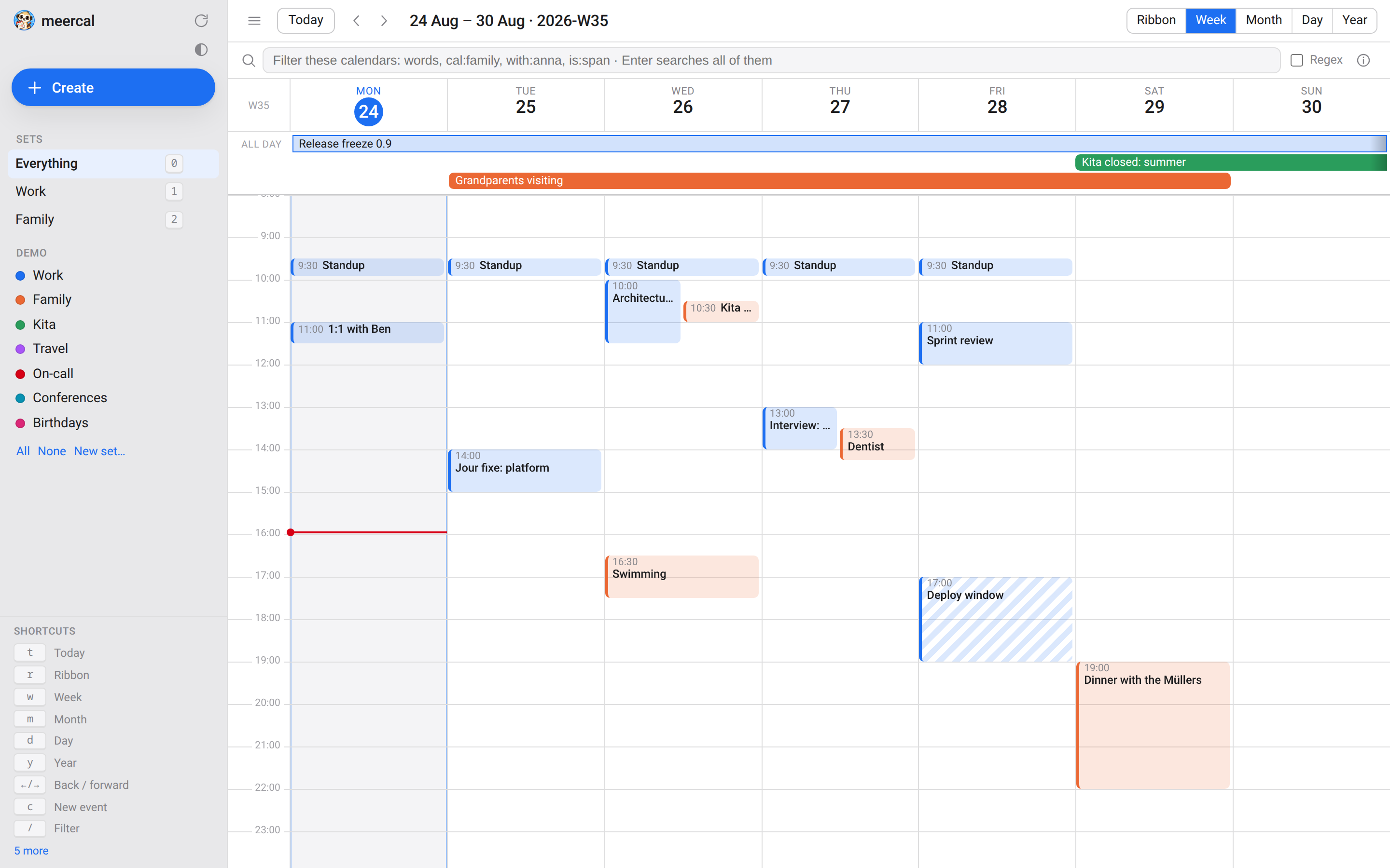 The meercal week view: seven day columns with hour lines, meetings placed by time, a red now-line, and multi-day bars in an all-day strip above.